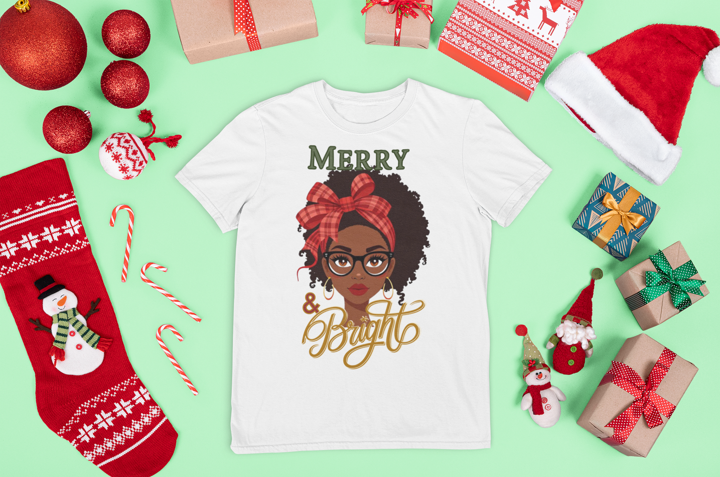 Merry and Bright Black Girl with Glasses Graphic Tee
