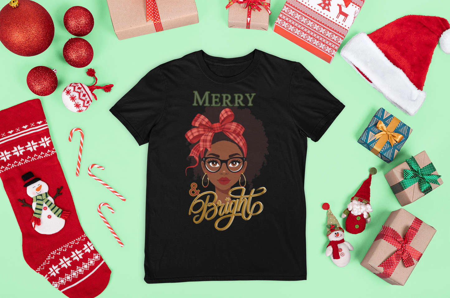 Merry and Bright Black Girl with Glasses Graphic Tee