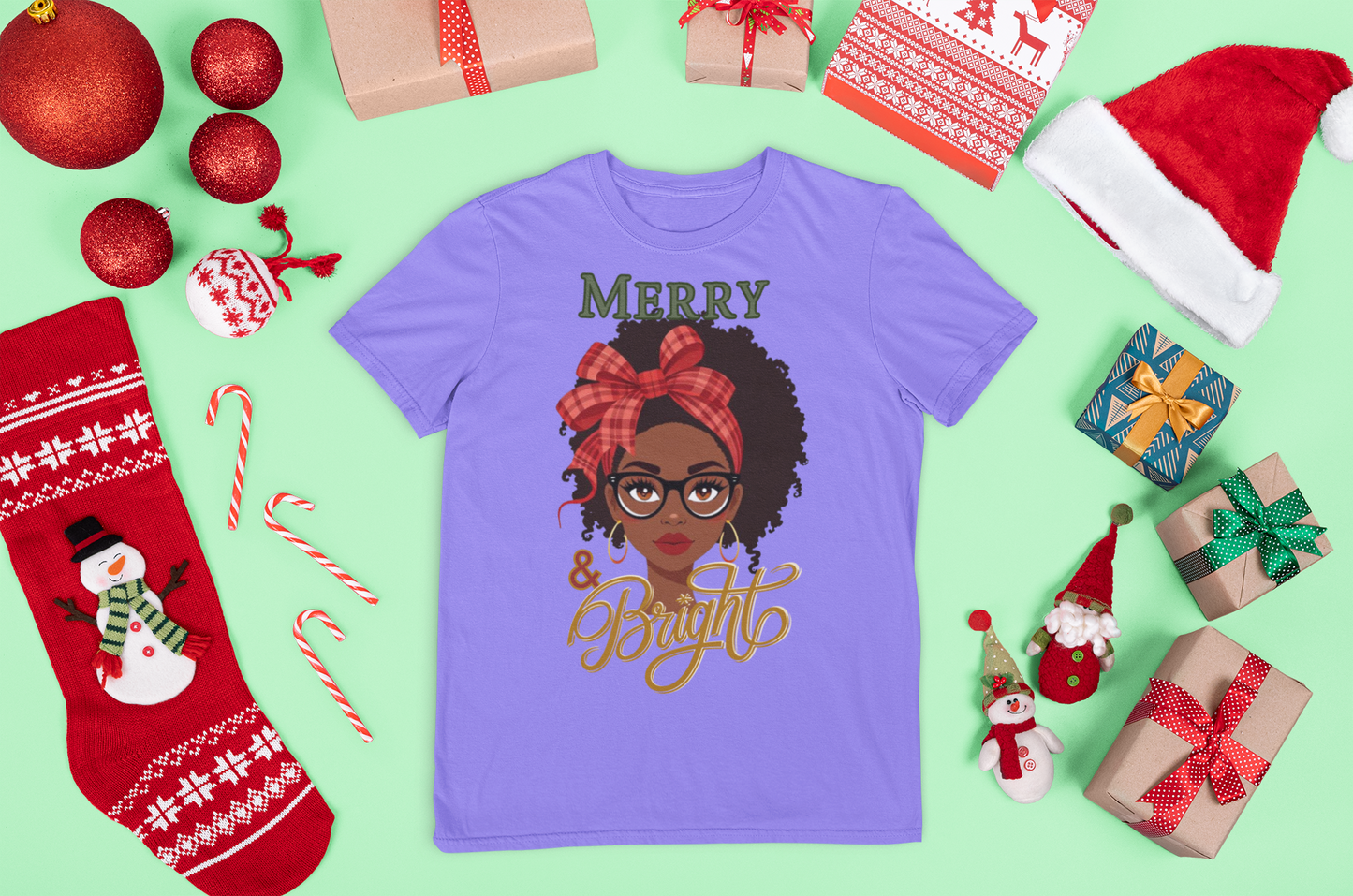 Merry and Bright Black Girl with Glasses Graphic Tee