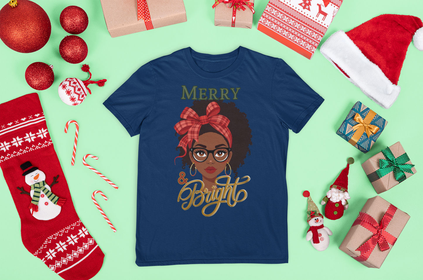 Merry and Bright Black Girl with Glasses Graphic Tee
