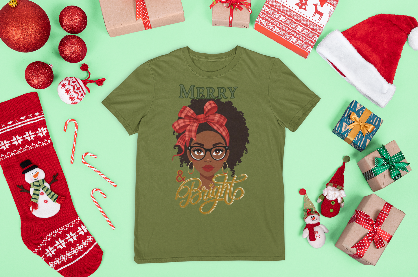 Merry and Bright Black Girl with Glasses Graphic Tee
