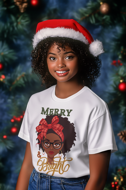 Merry and Bright Black Girl with Glasses Graphic Tee